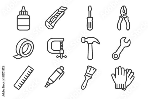 Workshop vector marker bottle roll ruler pliers utility icons collection gloves wrench