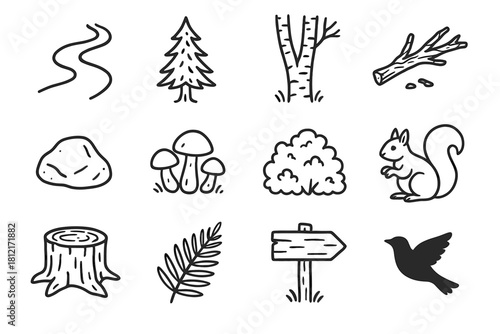 Forest icons mushroom silhouette icon cluster tree vector path squirrel pine bird