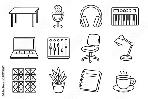 Cup home laptop vector icons soundproof mixer studio plant lamp chair potted