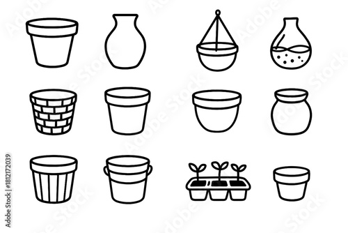 Tray hanging mini botanical vector planter collection wooden metal icon ceramic pot