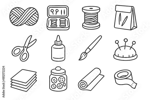 Supplies sewing fabric thread tape icons vector stack paintbrush jar icon glue