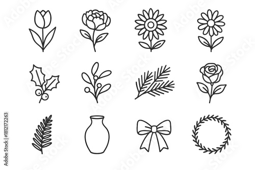 Seasonal vector vase peony branch rose holly floral pine mistletoe fern icon