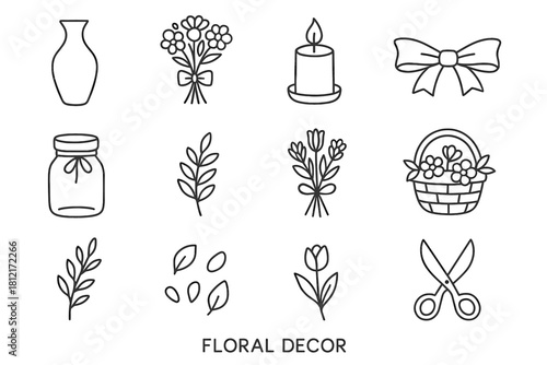 Twig icon tied floral bud flower vase bunch vector leaf decor icons