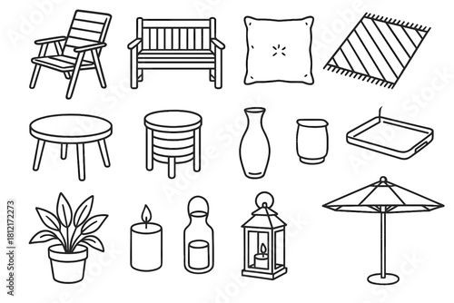 Plant potted furniture vase umbrella garden icons cushion table icon bench vector
