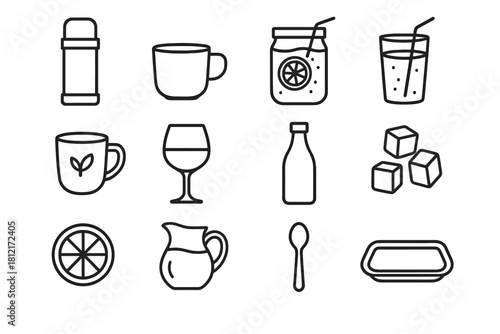 Wine straw cubes picnic drinks vector bottle spoon icon icons glass lemonade