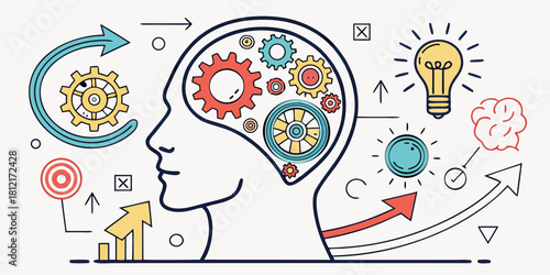 Unlock Ingenuity: Head Silhouette with Gears, Lightbulb & Arrows Visualize Innovation, Growth, and Strategic Thinking for Modern Business Solutions