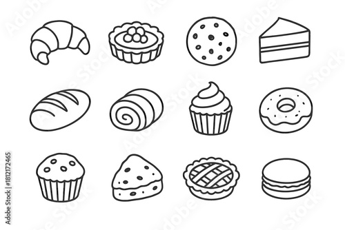 Set pastry loaf cupcake pie bakery scone tart muffin vector icon donut