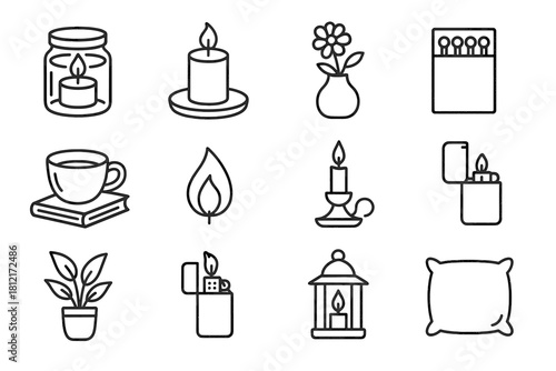 Decor holder vase jar candle book lighter tea home vector tray icons