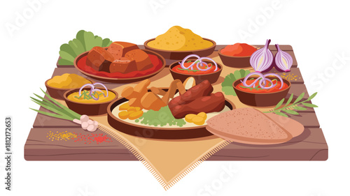 Ethiopian Cuisine Assortment: Vibrant Feast with Injera Bread, Stews, Spices, and Condiments on a Rustic Wooden Table, Celebrating Rich Cultural Flavors