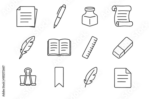 Pen paper tools eraser icons scroll vector stack inkwell icon notebook feather