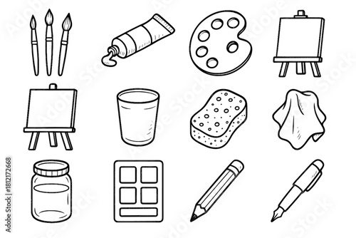 Water palette icons set pen brush canvas art sponge icon supplies easel