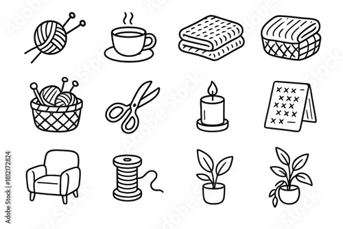 Vector skein candle plant cozy armchair scissors yarn icon cup icons knitting