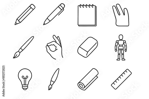 Gesture hand paper icon mannequin pencil stump eraser ruler light vector icons