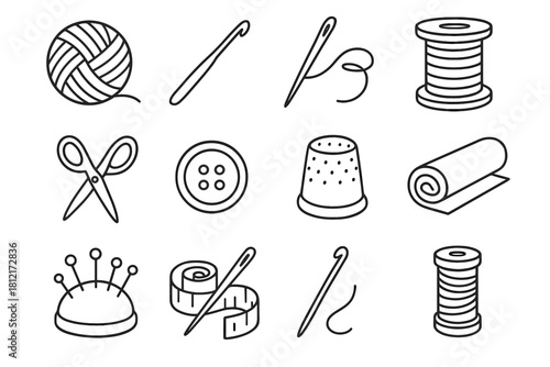 Knitting cushion hook fabric spool vector thimble scissors icons needle supplies thread