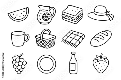 Sun bottle hat icons vector cup lemonade bread basket icon sandwich picnic