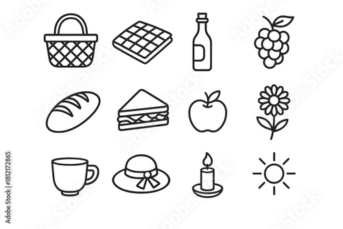 Flower vector sun sandwich blanket basket cup picnic bread icon hat set
