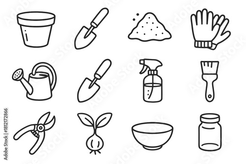 Can gardening brush icons pot gloves trowel pruner vector tools icon bowl