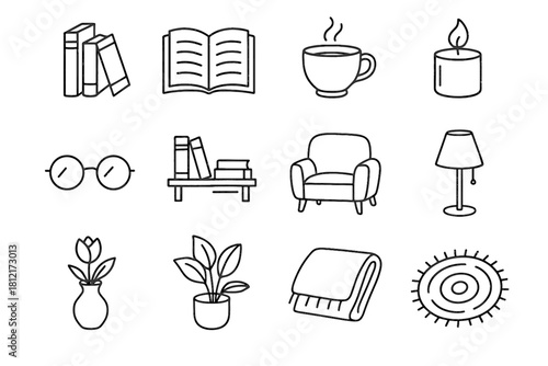 Blanket s vector book glasses lover vase icon plant cup candle open