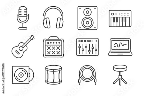 Music icon vinyl headphones record vector microphone studio icons drum laptop cable