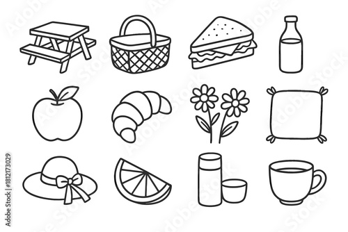 Vector apple bottle picnic icons basket icon park hat juice flowers thermos