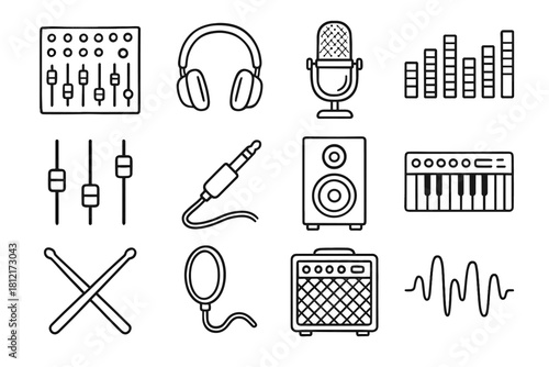 Amp vector waveform drumstick fader headphones pop filter keyboard icon studio sound