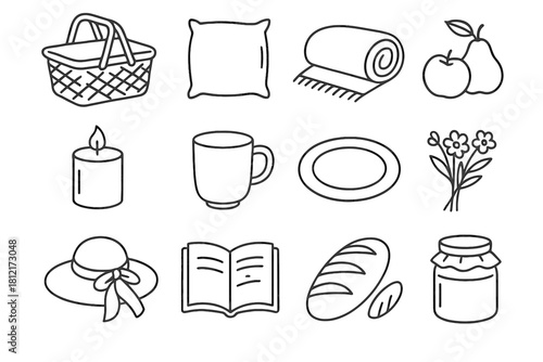 Vector hat flowers cup plate icons relaxed basket candle bread icon picnic