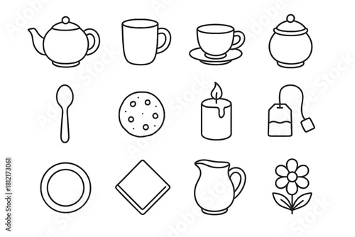 Spoon mug icon cozy flower tea time candle milk plate vector teapot