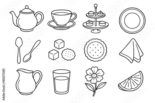 Elegant vector jug teacup sugar icon lemon tea set glass biscuit flower