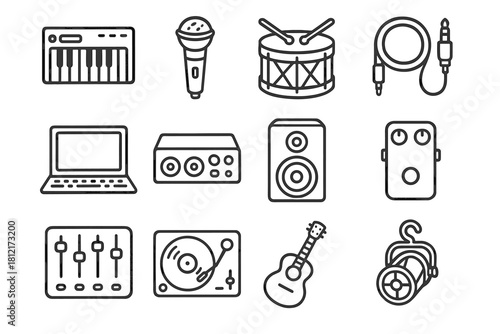 Drum interface laptop creation cable icons guitar record icon speaker player vector