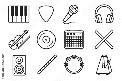 Amplifier speaker set pick flute musical guitar metronome violin mic vector icon