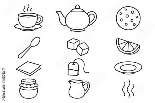 Time sugar cookie bag icons plate icon spoon line cup vector lemon