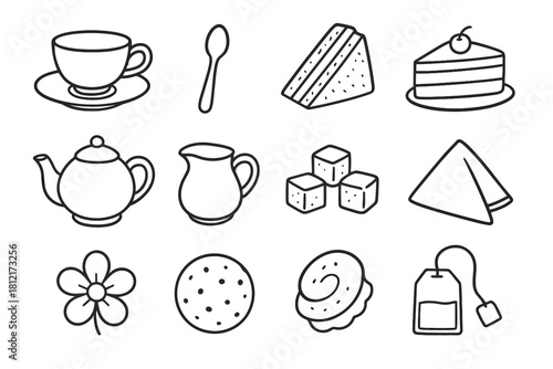 Teapot afternoon vector tea bag icon jug cake flower milk sugar icons