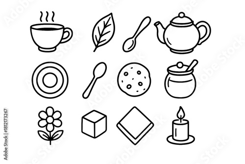 Napkin jug teacup cozy icons icon tea cube spoon milk candle vector