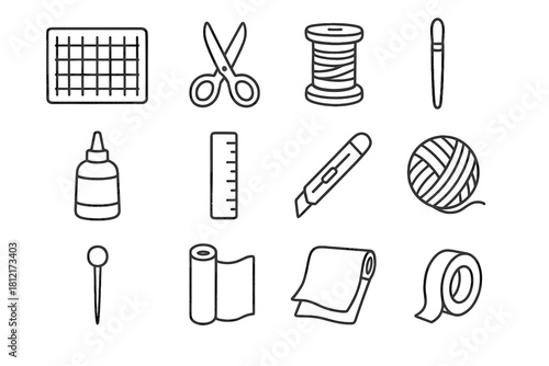 Scissors vector mat icon glue materials handicraft fabric cutting tape pin icons
