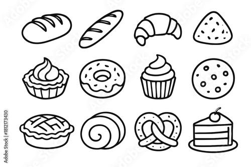 Roll loaf cookie donut cupcake icon vector pretzel tart set croissant bakery