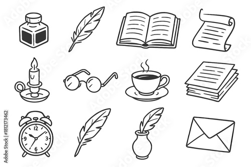 Vase clock icon open icons vintage feather tea desk vector eyeglasses candle