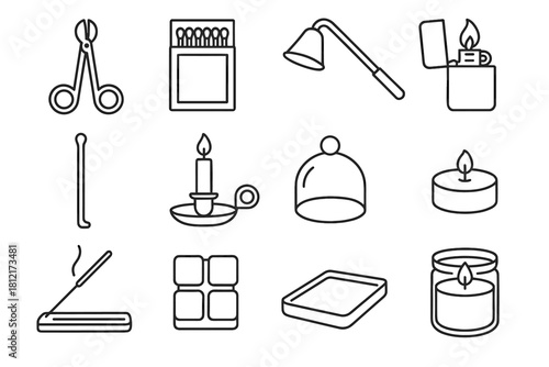 Wick vector matchbox candle accessories dipper lighter tray icon wax jar trimmer