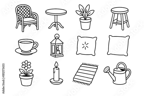 Candle plant vector chair icon set garden cup stool flower watering lantern