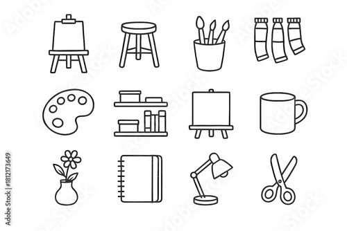 Tubes icon notebook home lamp paint palette vector brush canvas art scissors