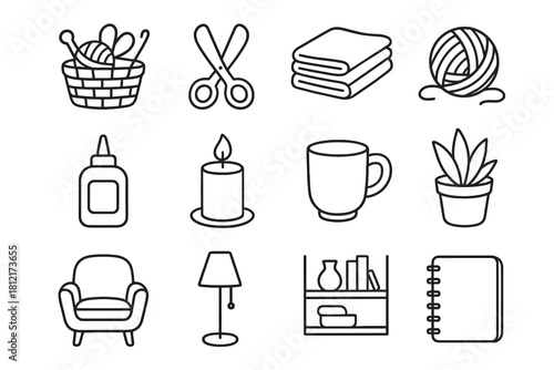 Home maker notebook scissors s vector lamp icon pot candle shelf basket