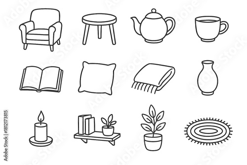 Icon small vector rug shelf collection pillow cup table teapot cozy armchair
