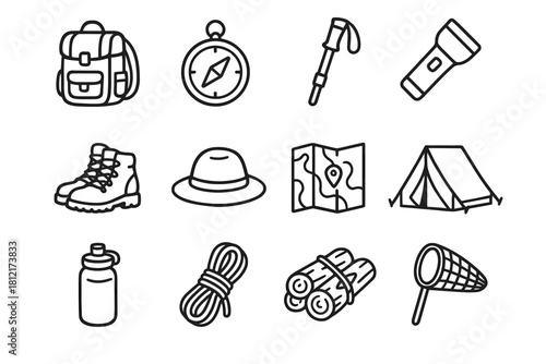 Flashlight firewood forest gear hiking bottle hike vector pole backpack boots icon