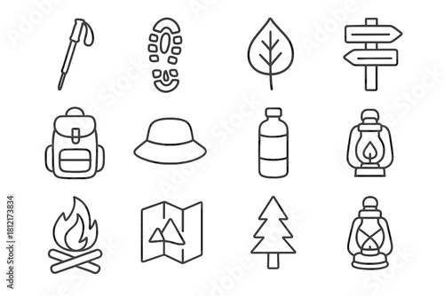 Tree vector signpost hiking binoculars leaf set icon backpack boot print