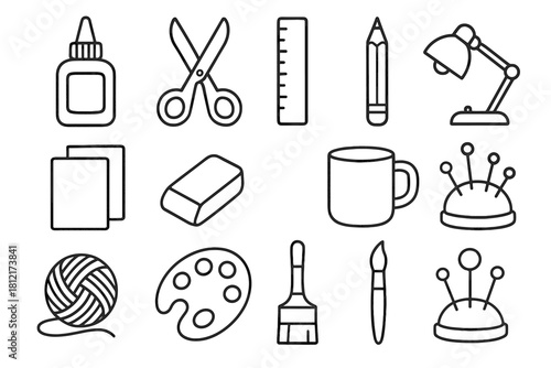 Cushion desk essentials yarn brush pencil scissors lamp handmade vector eraser pin