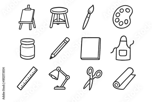 Scissors stool palette pencil canvas icon studio vector artist lamp jar ruler