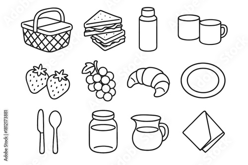 Knife napkin icons icon picnic basket sandwiches vector thermos jar plate outdoor