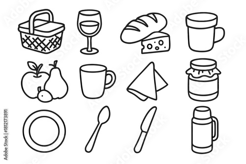 Vector cup plate icons cheese basket jar dining fruit icon outdoor thermos