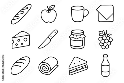Icon bread vector baguette bottle napkin picnic sandwich knife basket essentials cheese