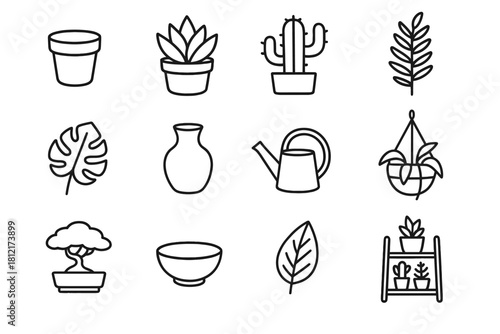 Vase ceramic basket hanging cactus vector leaf icon bonsai small plant minimal