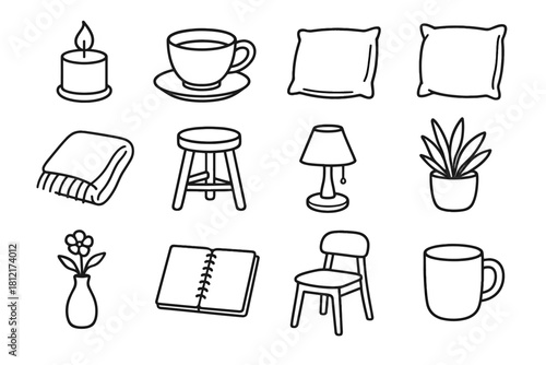 Notebook mug pot hygge chair workspace stool lamp icon icons vector teacup